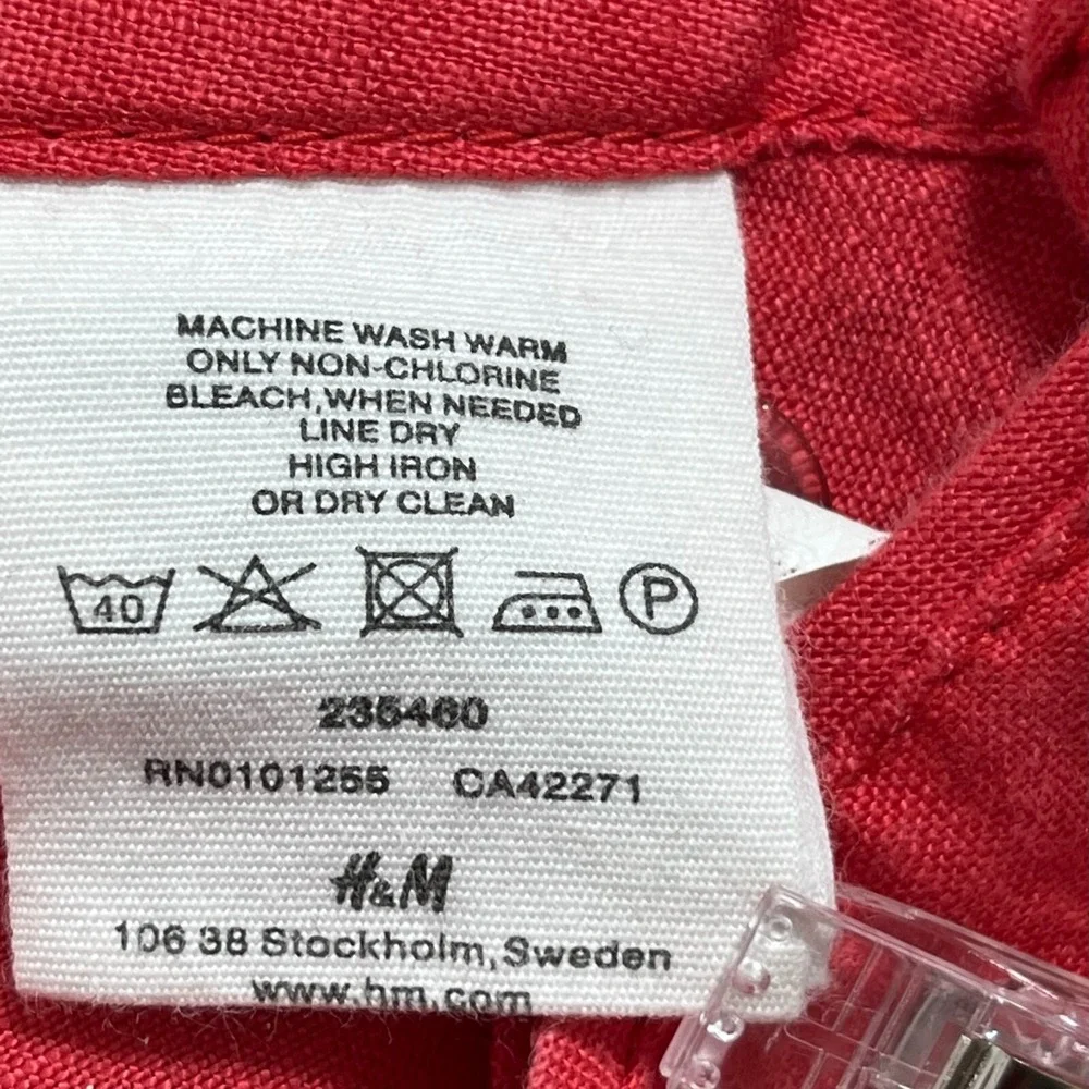 H&M Skirt Women's 4 Red Linen Button Side‎ Zipper Pleated A-Line Mini Pocket